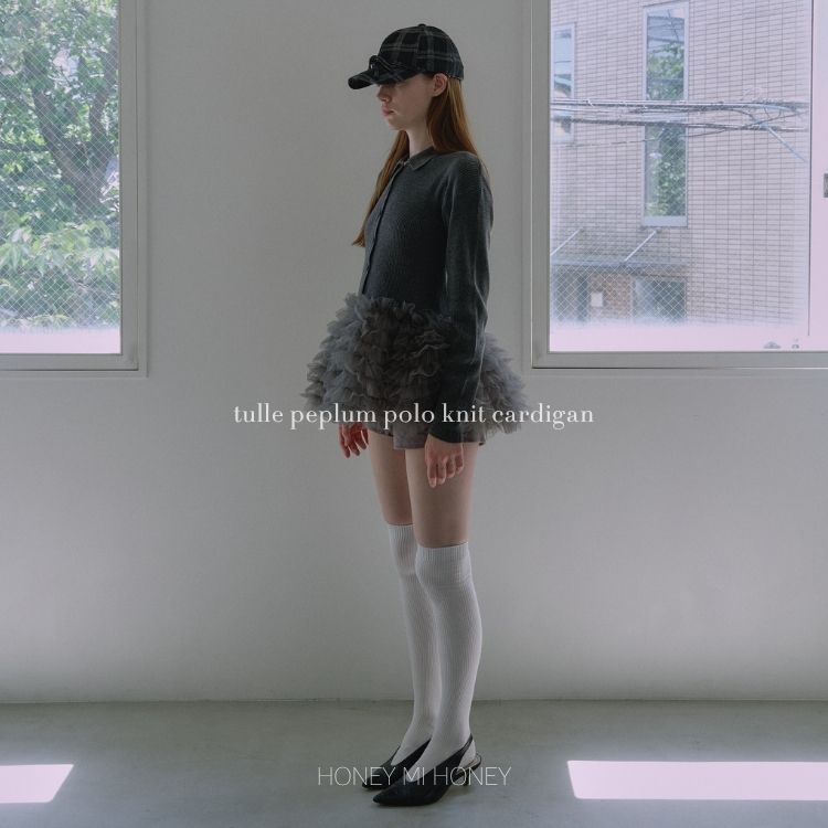 HONEY MI HONEYinj[~[nj[j̃Vbvj[Xuyē׌ztulle peplum polo knit cardiganv