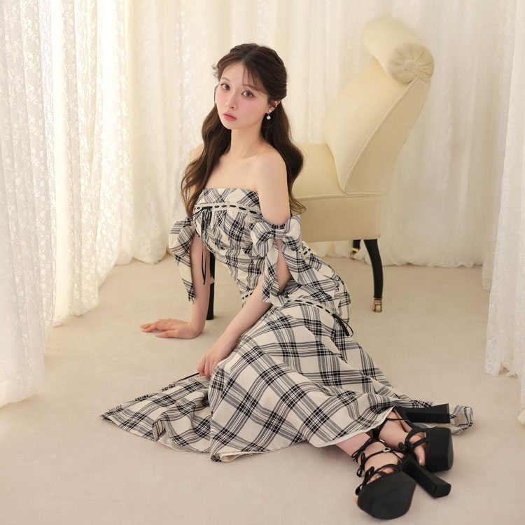 Check chiffon mermaid onepiece(eme11019)（ワンピース）｜M me eme