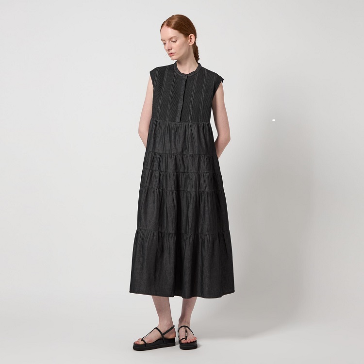 Pheeta フィータ ピンタックバンドカラーワンピース ネイビー サイズ2 Pheeta フィータ ピンタックバンドカラーワンピース ネイビー