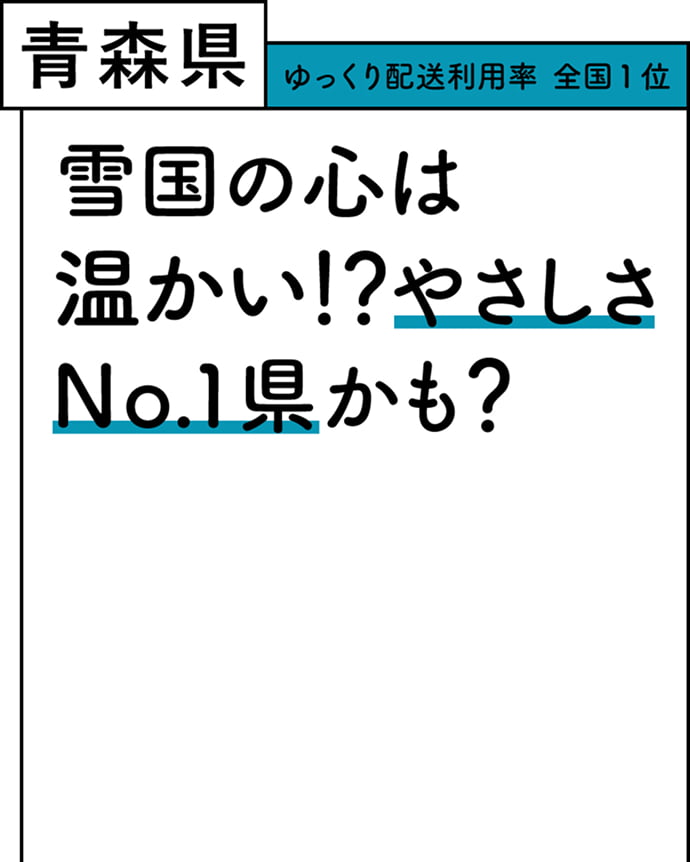 青森県 ゆっくり配送利用率 全国1位 雪国の心は温かい！？やさしさNo.1県かも？